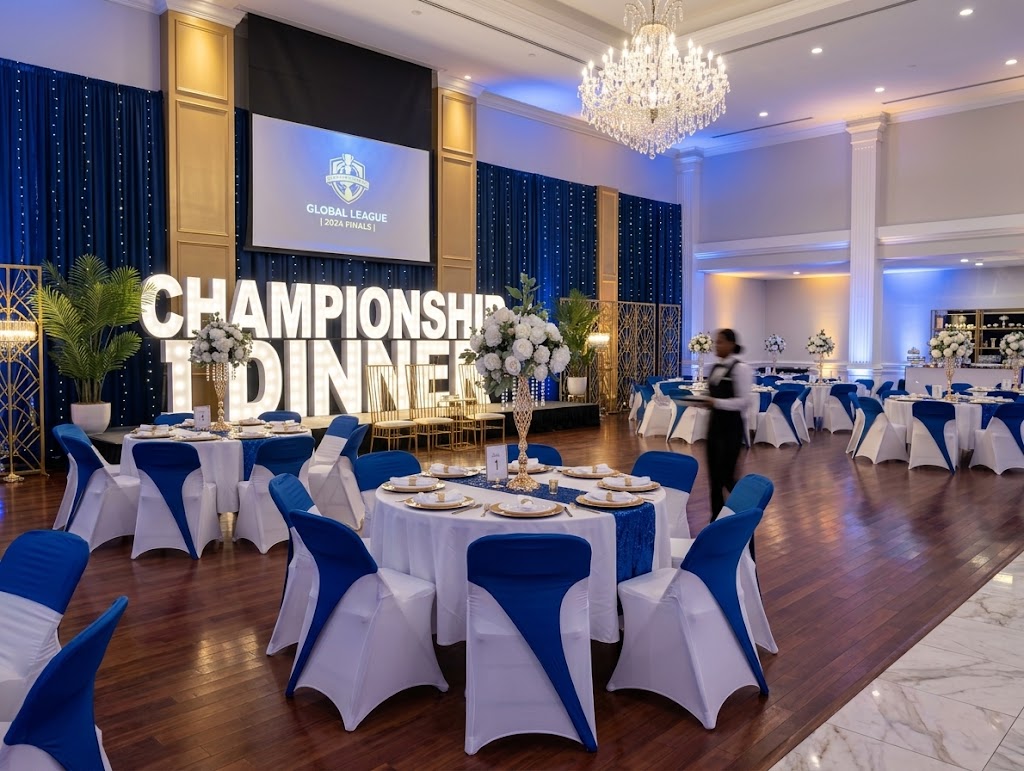 Royal blue, white, and gold ballroom with tall floral centerpieces and Championship Dinner marquee letters