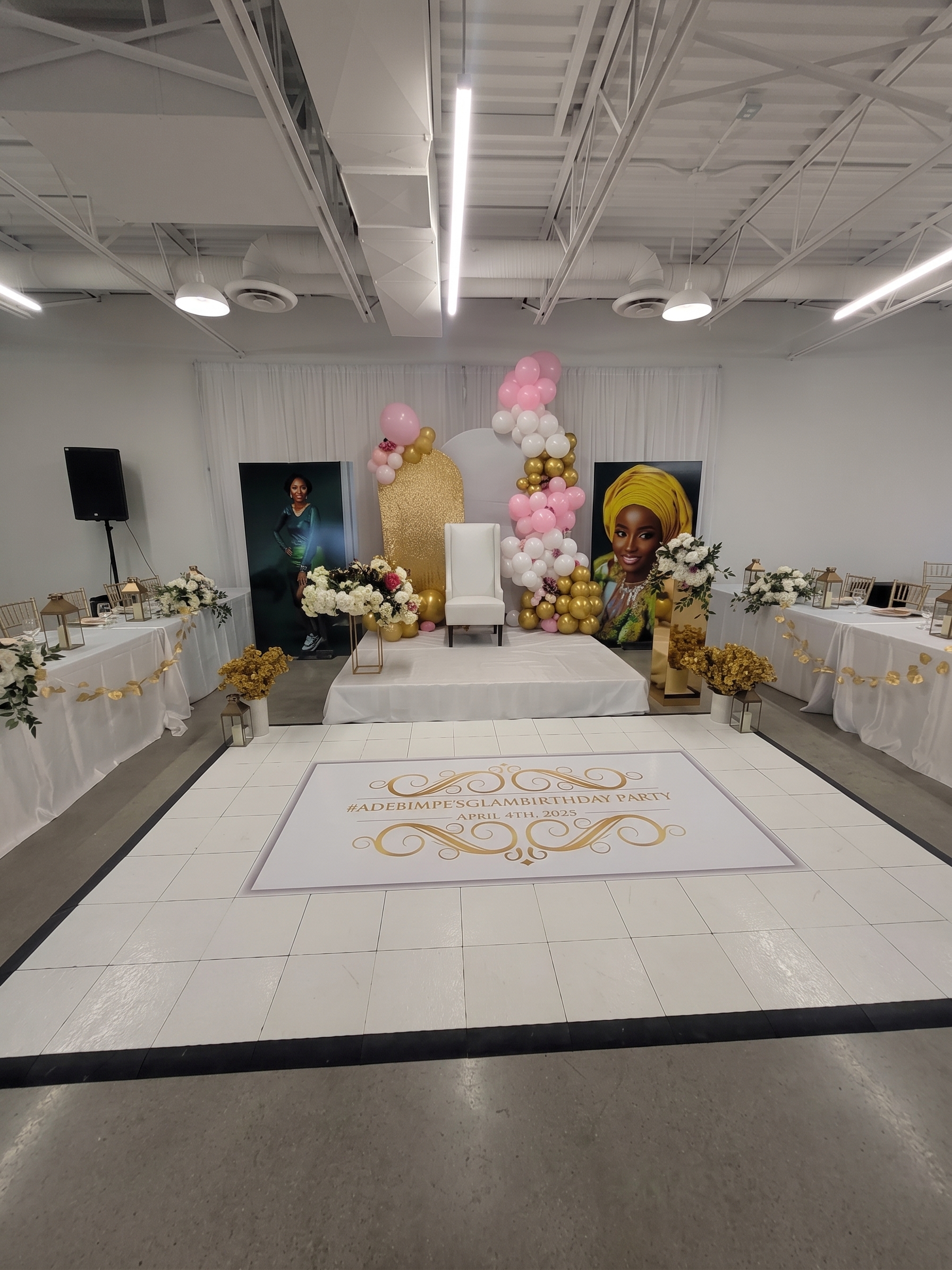 Pink, white, and gold glam birthday celebration with a balloon backdrop and a custom dance floor decal